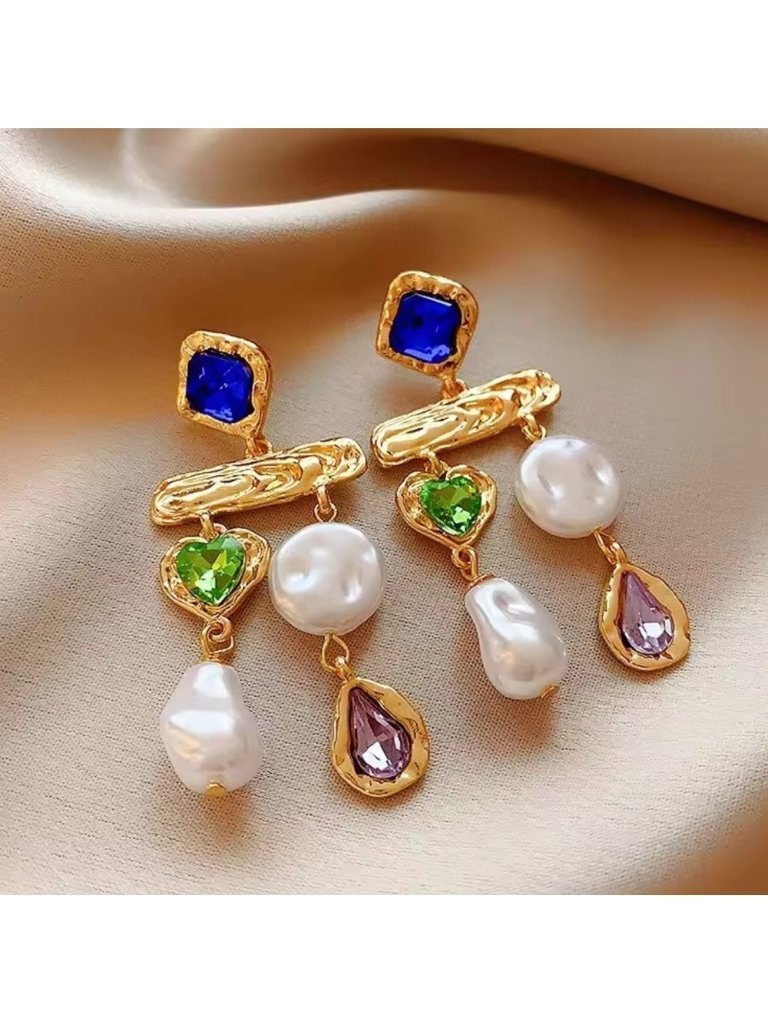 Vintage Colourful Rhinestone Gold And Gemstone Drop Earrings